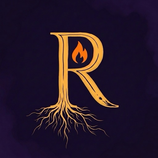 Rewired — a stylized gold letterform R with a flame held inside the bowl and roots extending from the stem
