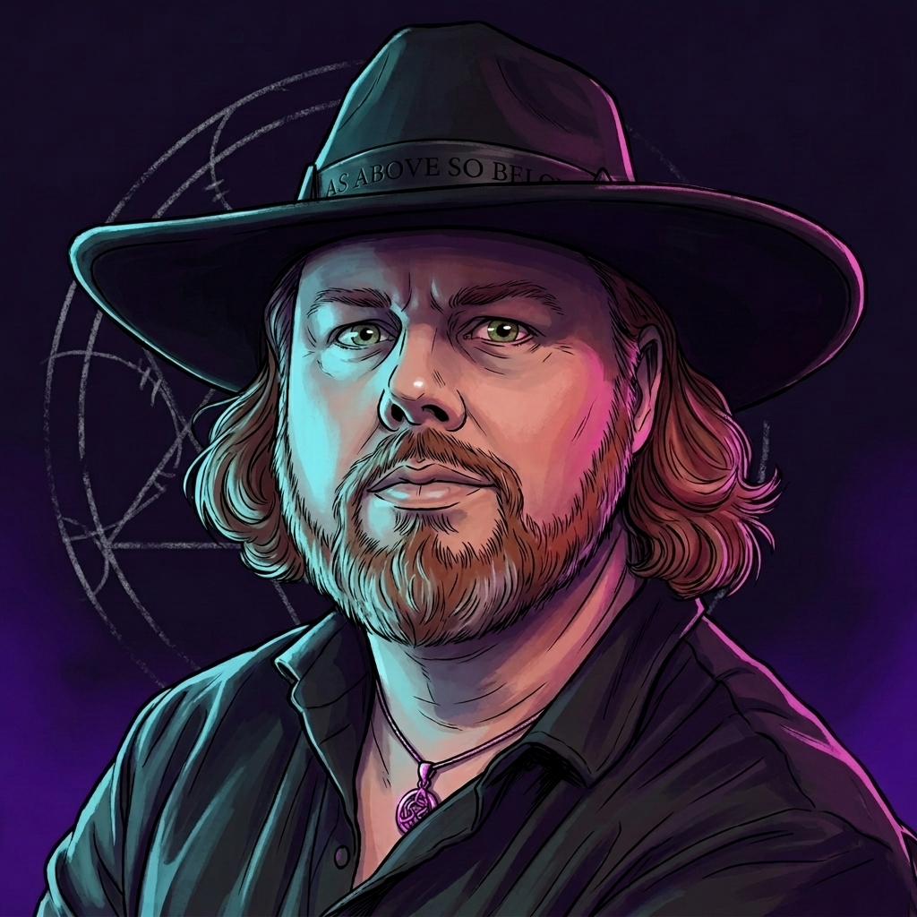 Matt Stine — illustrated Feral Architecture plate, seated with a laptop and a tarot deck